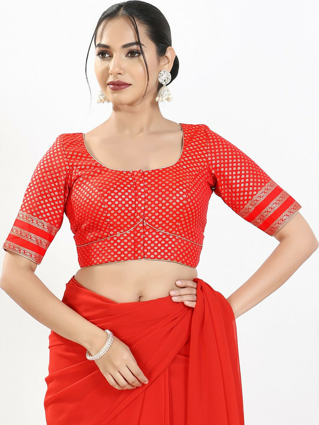 Joban Fashion Red Brocade Padded Blouse With Round Neck Elbow Sleeves - Distacart