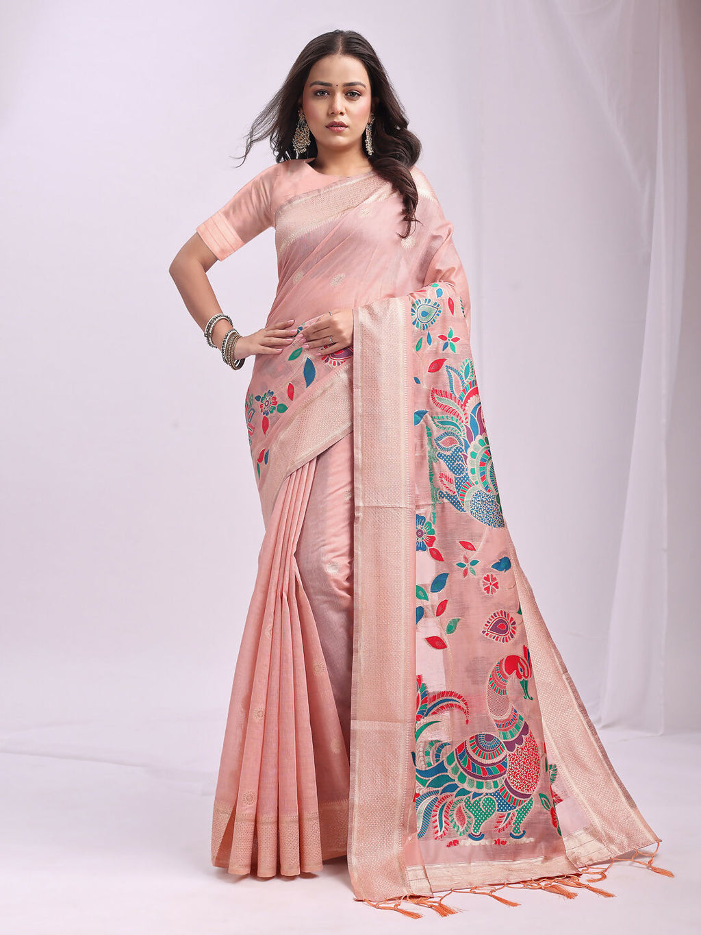 Shree Shyam Fashion Linen Cotton Peach Saree - Distacart