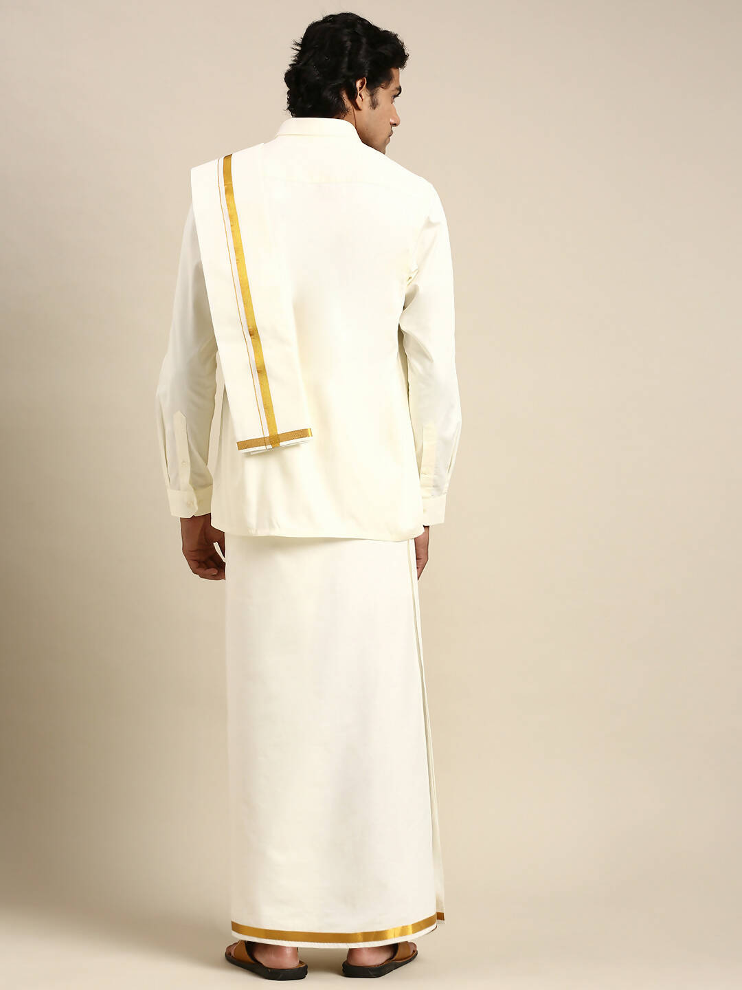 Ramraj Cotton Premium Wedding Cream Regular Dhoti, Shirt & Towel Set Golden Reward
