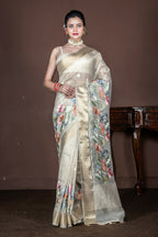 Morchari Beige Banarasi Tissue Computer Embroidery Saree Unstitched Blouse - Distacart