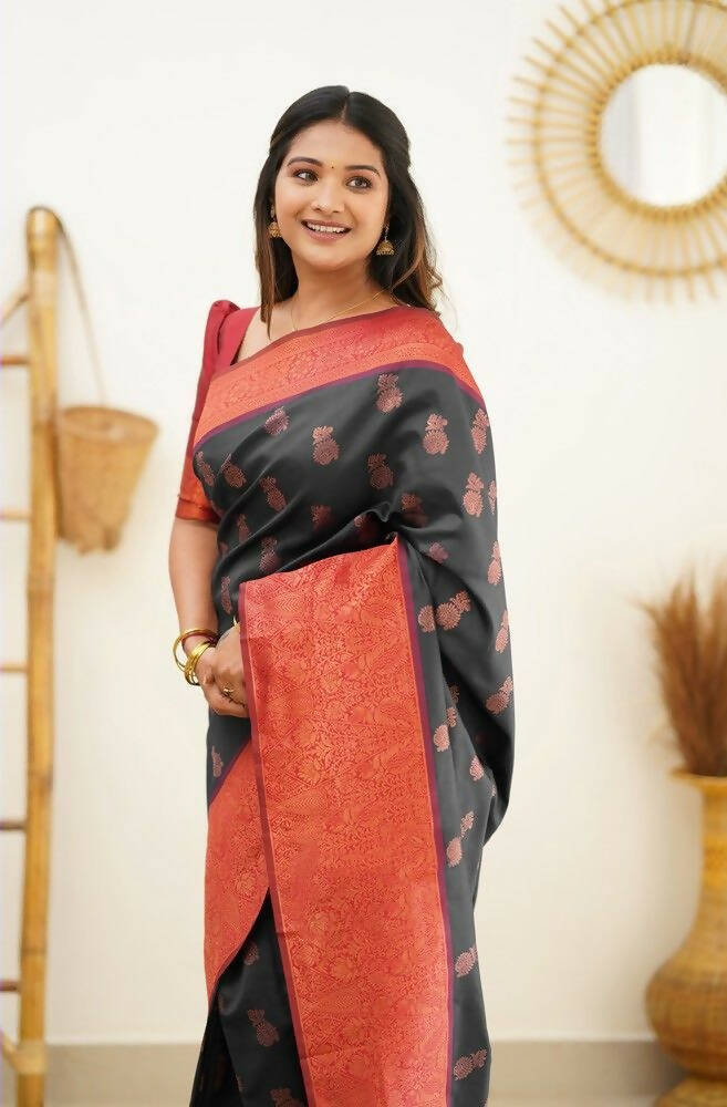 DEIANA'S Beautiful Designer Golden zari Soft Lichi Silk Saree - Black