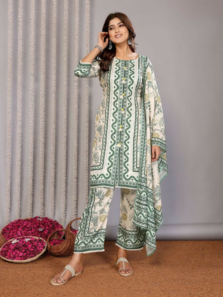 Joban Fashion Women Off White & Forest Green Linen Printed Stitched Kurta Set - Distacart