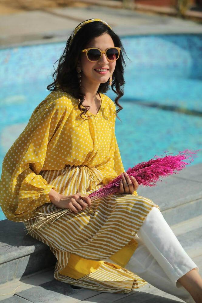 Juniper Women Mustard Georgette Bandhani High-Low Tunic - Distacart