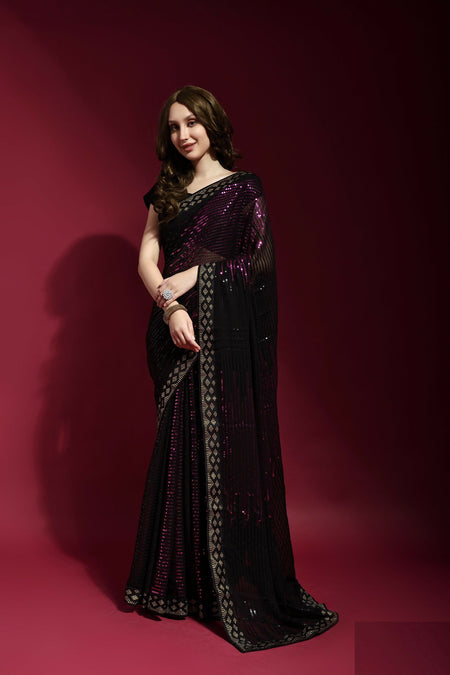 Vegaa Fashion Black Georgette Embroidered Party Wear Saree