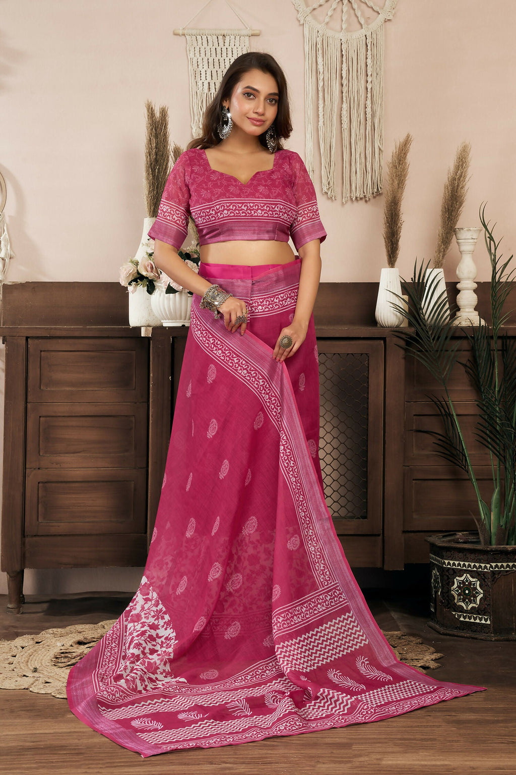 Joban Fashion Pink Floral Linen Ready To Wear Saree With Unstitched Blouse - Distacart