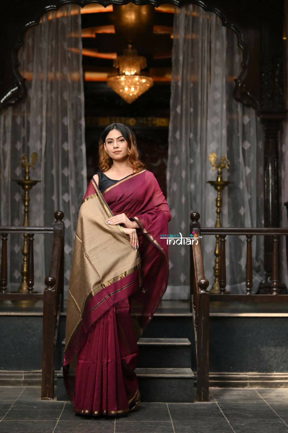 Very Much Indian VMI Exclusive Designer! Handloom Cotton Silk Saree With Sleek Golden Border - Maroon Shade - Distacart
