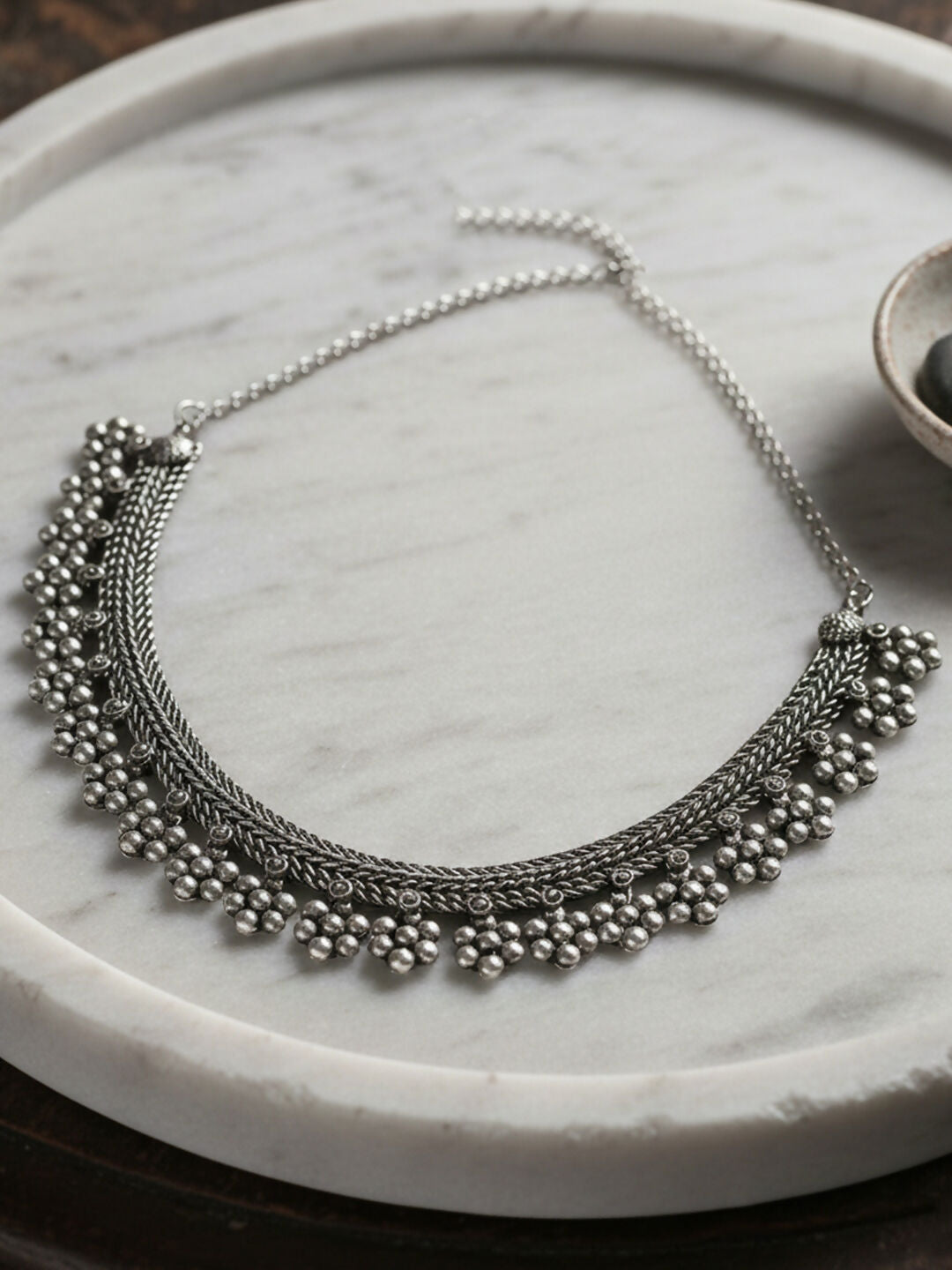 NVR Women Oxidised Silver Beaded Necklace