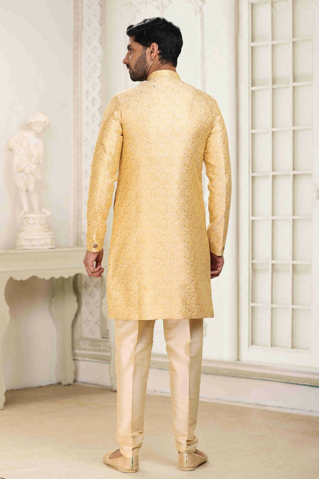 Raivat Ethnic Banarasi Jacquard Embroidery Semi Indo Western Sherwani In Cream Beige Colour
