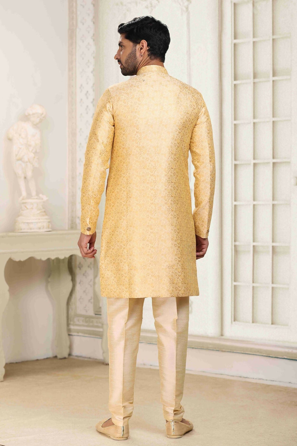 Raivat Ethnic Banarasi Jacquard Embroidery Semi Indo Western Sherwani In Cream Beige Colour