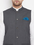 Even Apparels Men's Grey Merino Nehru Jacket-Contrast Lining-Free Pocket Square - Distacart