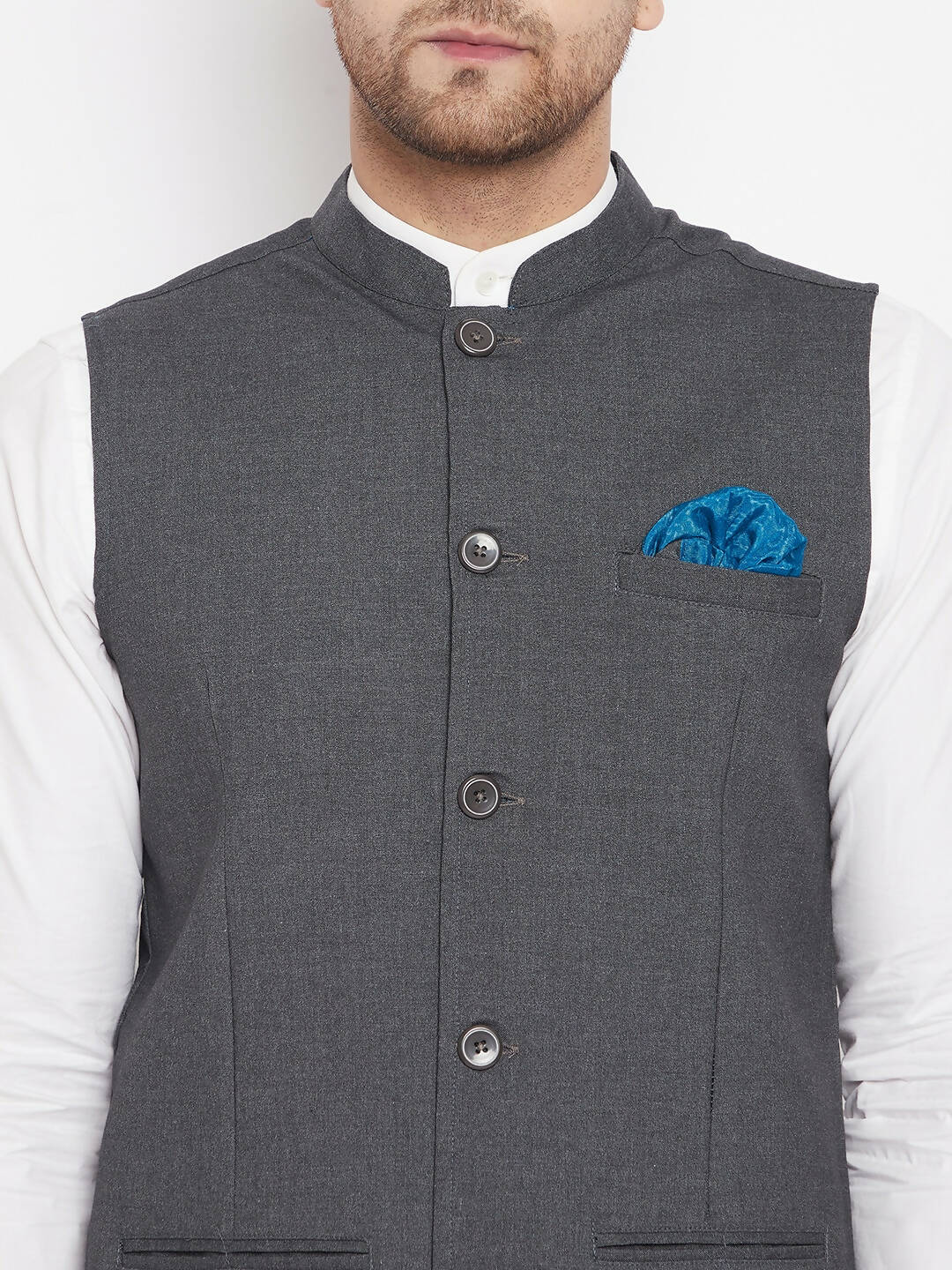 Even Apparels Men's Grey Merino Nehru Jacket-Contrast Lining-Free Pocket Square - Distacart