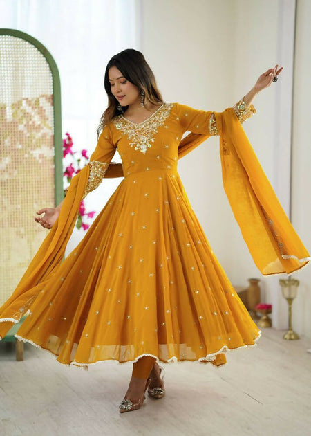 Teeya Creation Yellow Color Faux georgette Embroidery Work Wedding Wear Gown