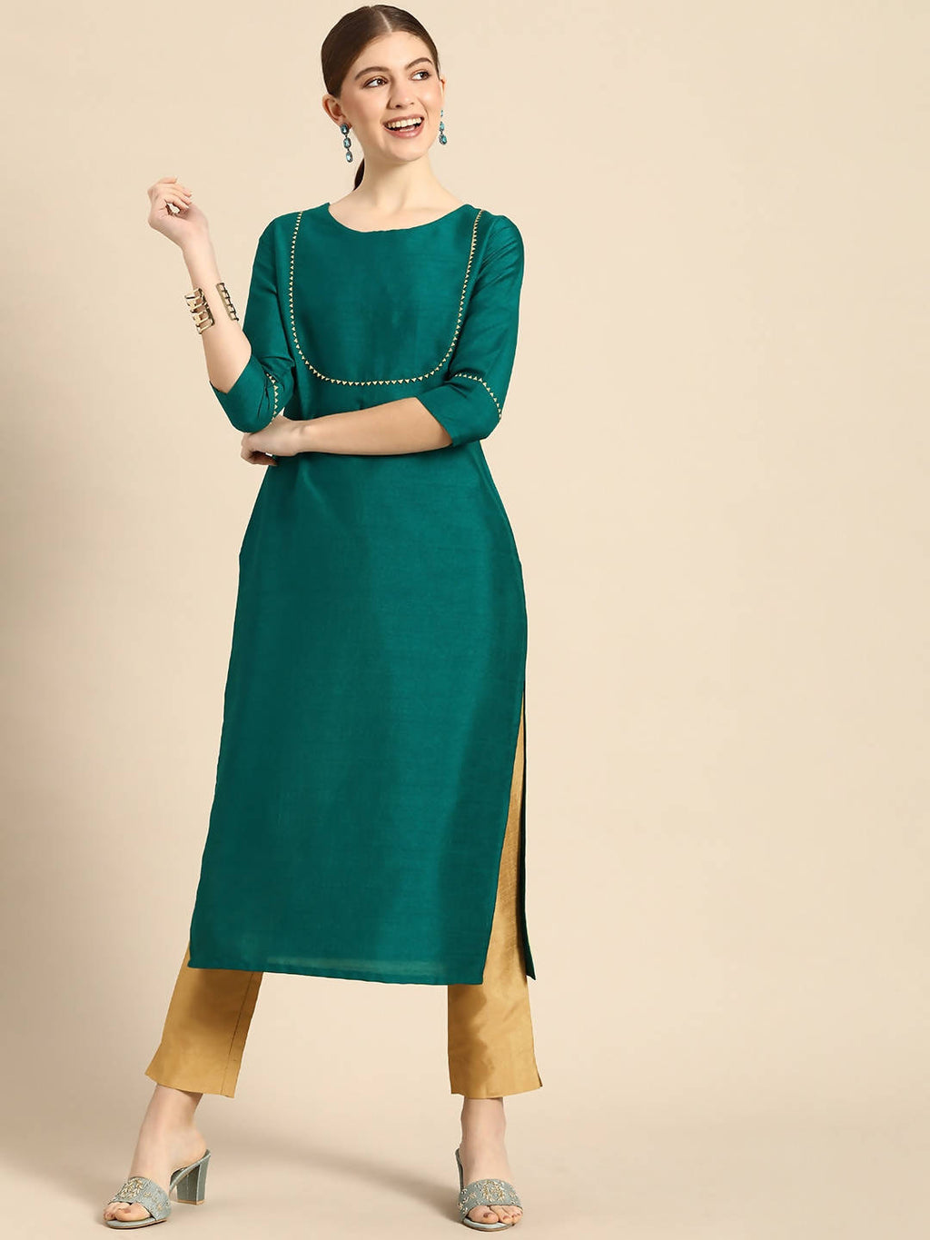 Janasya Green Regular Kurta with Trousers - Distacart