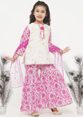 Little Bansi Girls Cotton Embroidery Kurta with Floral Sharara with Dupatta - White & Pink