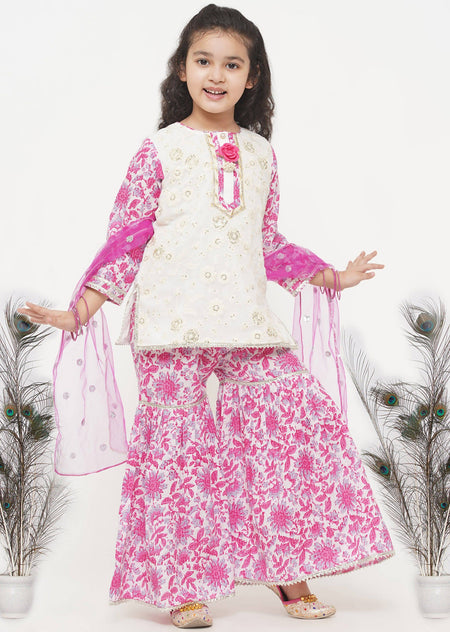 Little Bansi Girls Cotton Embroidery Kurta with Floral Sharara with Dupatta - White & Pink