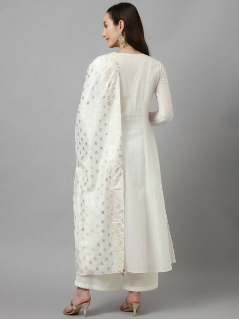 FIORRA Women's White Pure Cotton Flared Kurta Palazzo Set With Dupatta