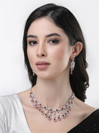 NVR Women's silver plated Maroon CZ stone handcrafted jewellery set