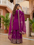 Teeya Creation Wine Faux Georgette Multi Thread Work Wedding Wear Sharara Set