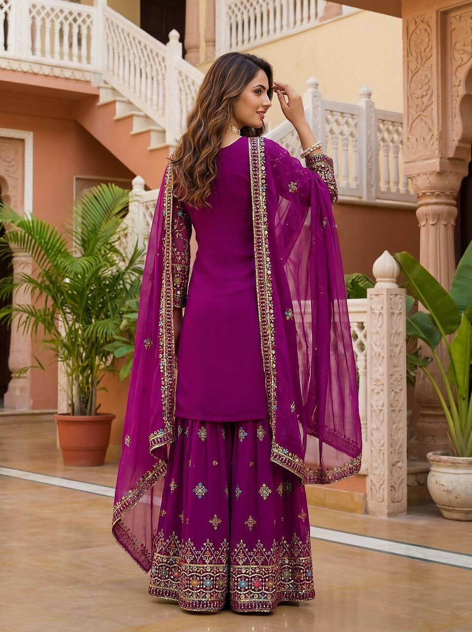 Teeya Creation Wine Faux Georgette Multi Thread Work Wedding Wear Sharara Set