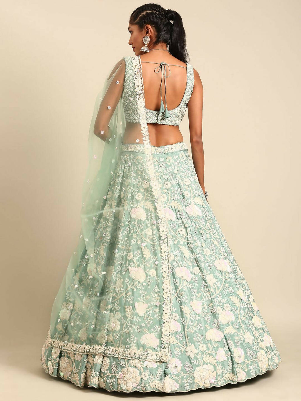 House of Panchhi Sea Green Chinon Sequins and Zarkan embroidery Lehenga choli & Dupatta