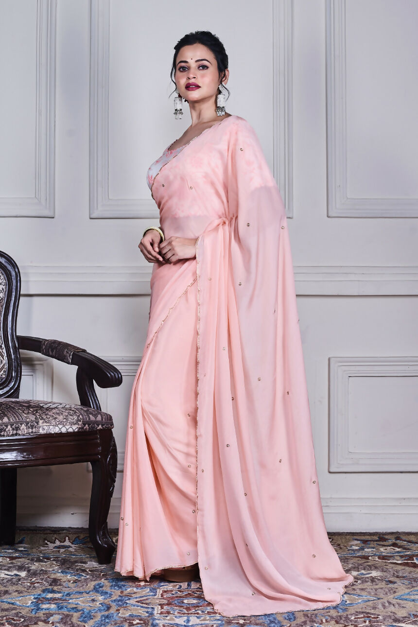 Morchari Peach Chiffon Hand Embroidery Saree And Stitched Blouse - Distacart