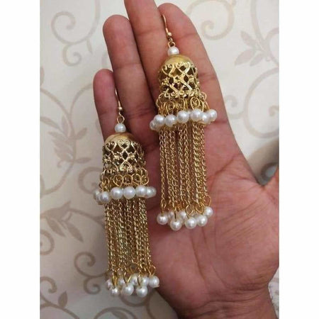 MS Fashion India Bridal Gold Color Jhumka And Hanging Chains With White Pearls Earrings