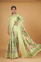 Green Cotton Silk Digital Printed Saree With Unstitched Blouse Piece - Alisha