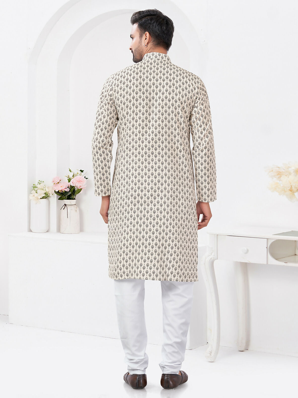 Joban Fashion Men's Rayon Cotton Cream Printed Kurta Pyjama set