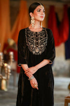 Juniper Women Black Velvet Embroidered Straight Kurta Sets - Distacart