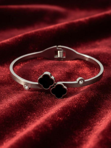 NVR Women Silver Plated Black Cuff Bracelet