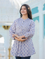Kaajh Women's Grey Hand Block Printed Cotton Top