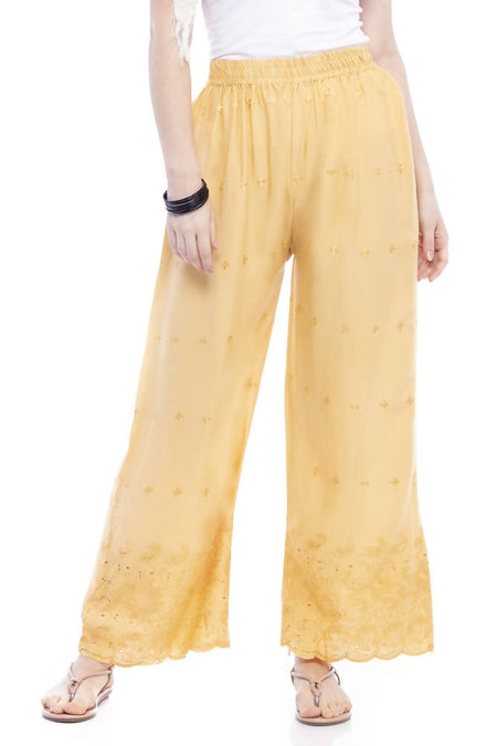 Mominos Fashion Reyon Cotton Dark Golden Embroidery Chikan Palazzo