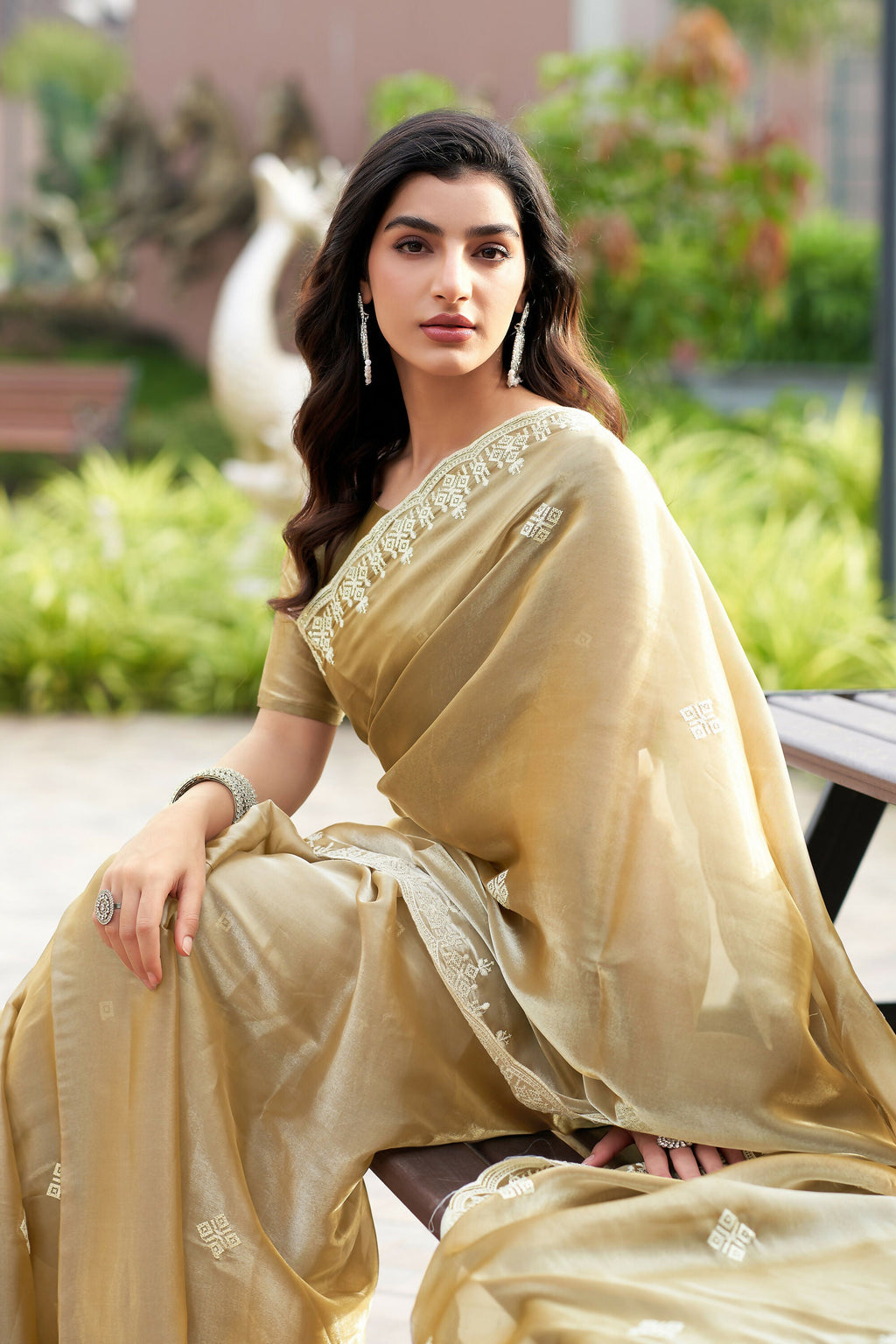 Vastranavya Beige Embroidery Work Shimmer Chiffon Saree with Unstitched Blouse - Distacart