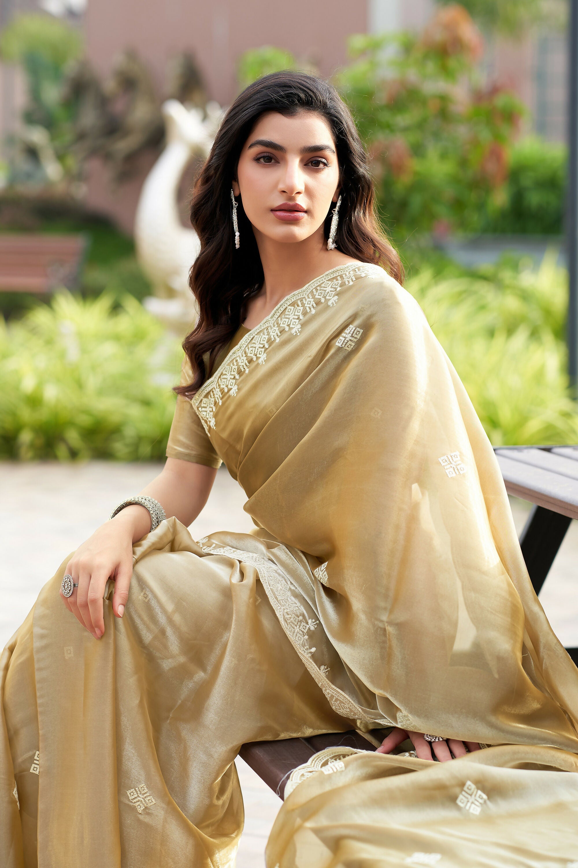 Vastranavya Beige Embroidery Work Shimmer Chiffon Saree with Unstitched Blouse - Distacart