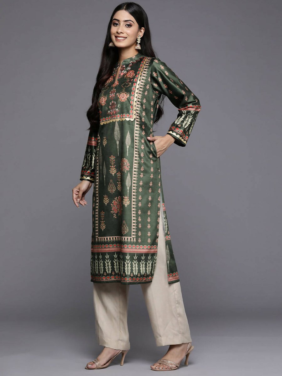 Ahalyaa Women Green & Pink Ethnic Motifs Printed Gotta Patti Velvet Kurta - Distacart