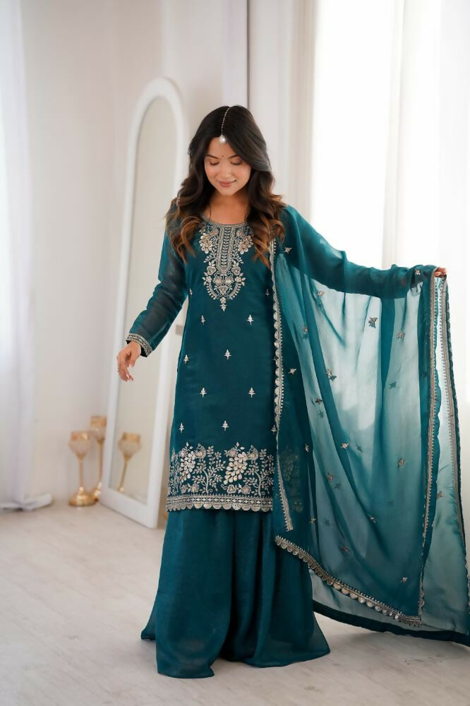 Lehenga Mart Designer Sharara Suit With Kurta, Sharara, Dupatta For Women-Teal Blue - Distacart