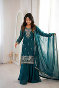 Lehenga Mart Designer Sharara Suit With Kurta, Sharara, Dupatta For Women-Teal Blue - Distacart