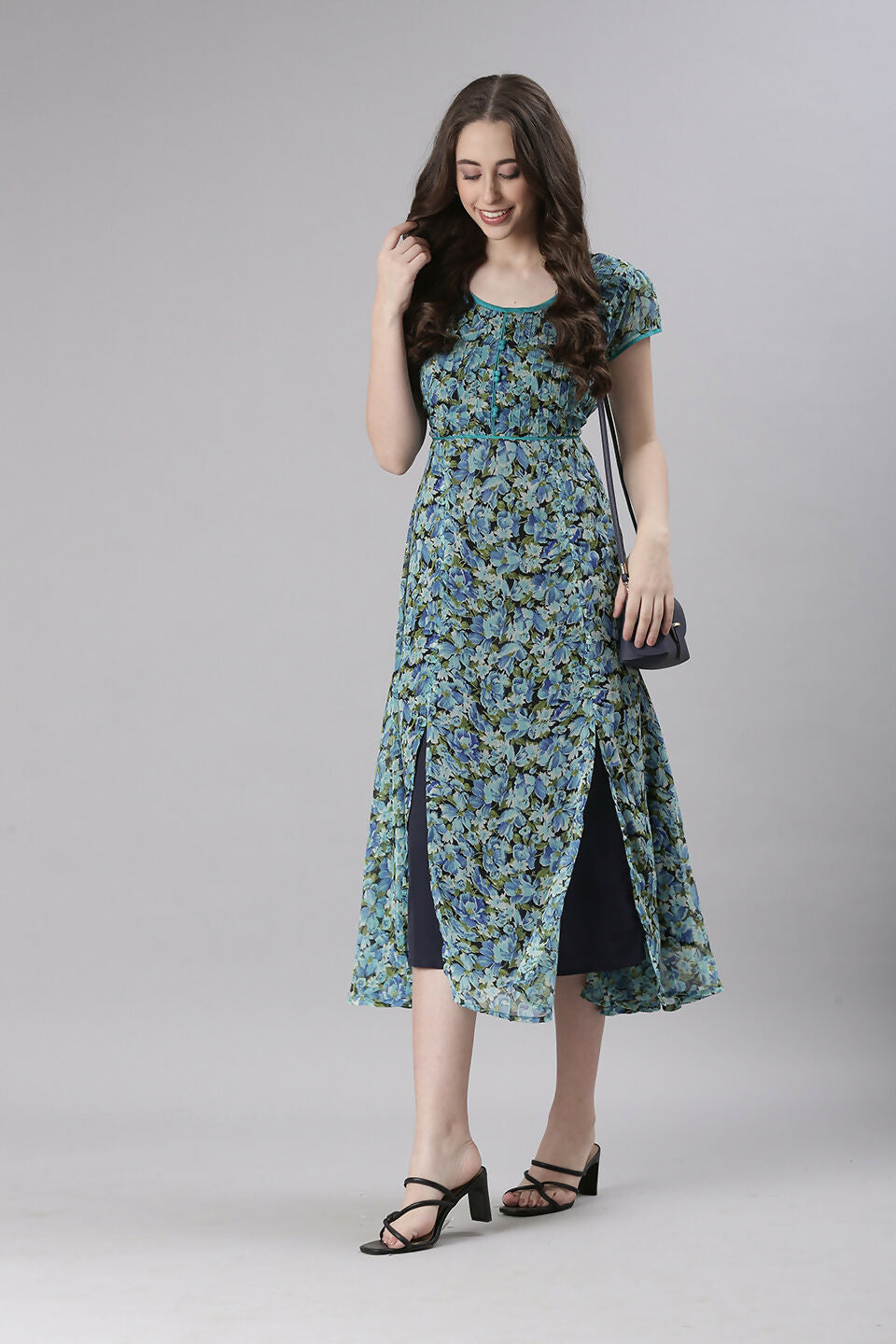 Souchii Teal & Blue Floral Printed Fit & Flare Dress