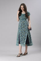 Souchii Teal & Blue Floral Printed Fit & Flare Dress
