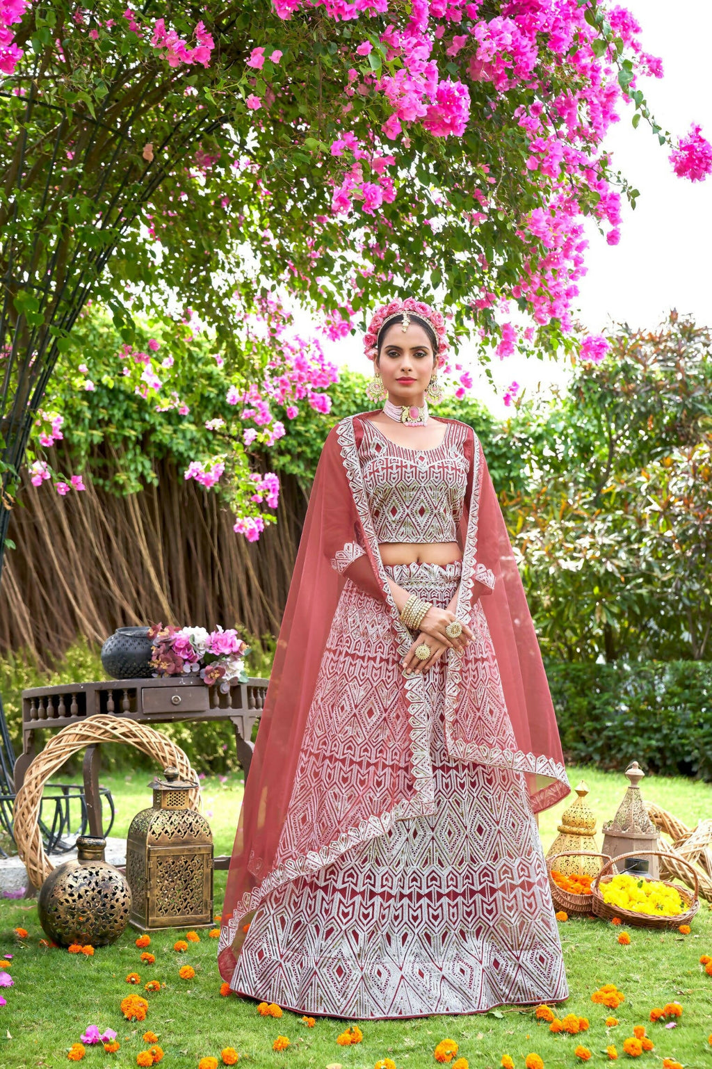Pink Net Embroidered Semi Stitched Lehenga Choli with Dupatta - Bhagya