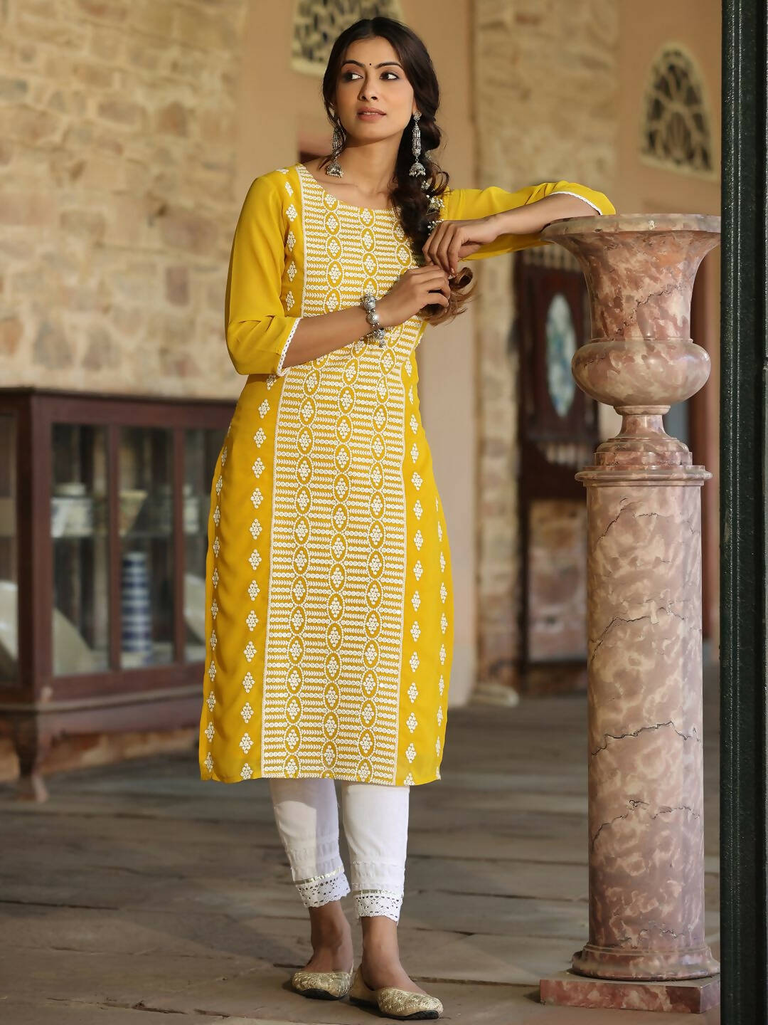 Juniper Women's Yellow Georgette Printed Kurta - Distacart