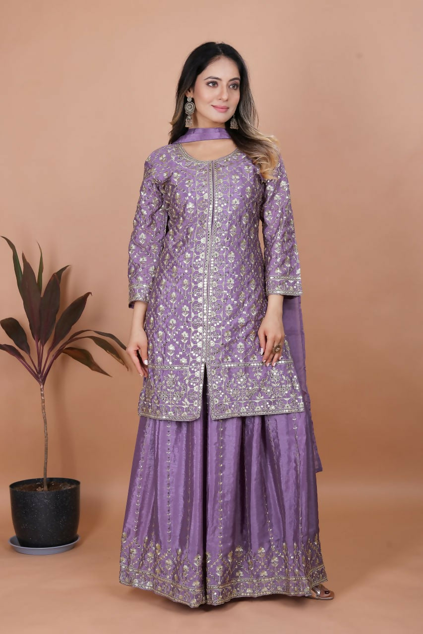 Joban Fashion Purple Silk Embroidered Sharara Set - Distacart