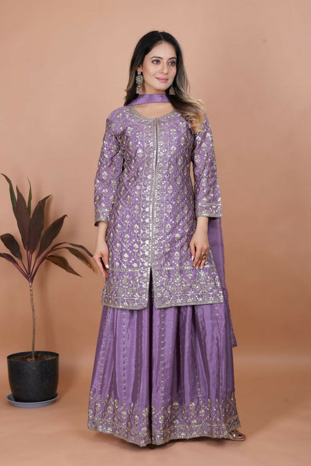 Joban Fashion Purple Silk Embroidered Sharara Set