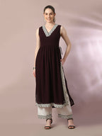 Myshka Women's Coffee Brown Solid Georgette Anarkali Party Kurta Set
