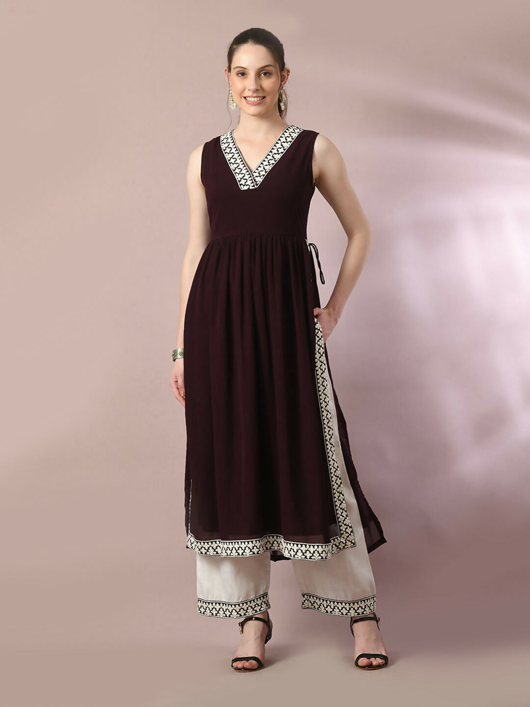 Myshka Women's Coffee Brown Solid Georgette Anarkali Party Kurta Set