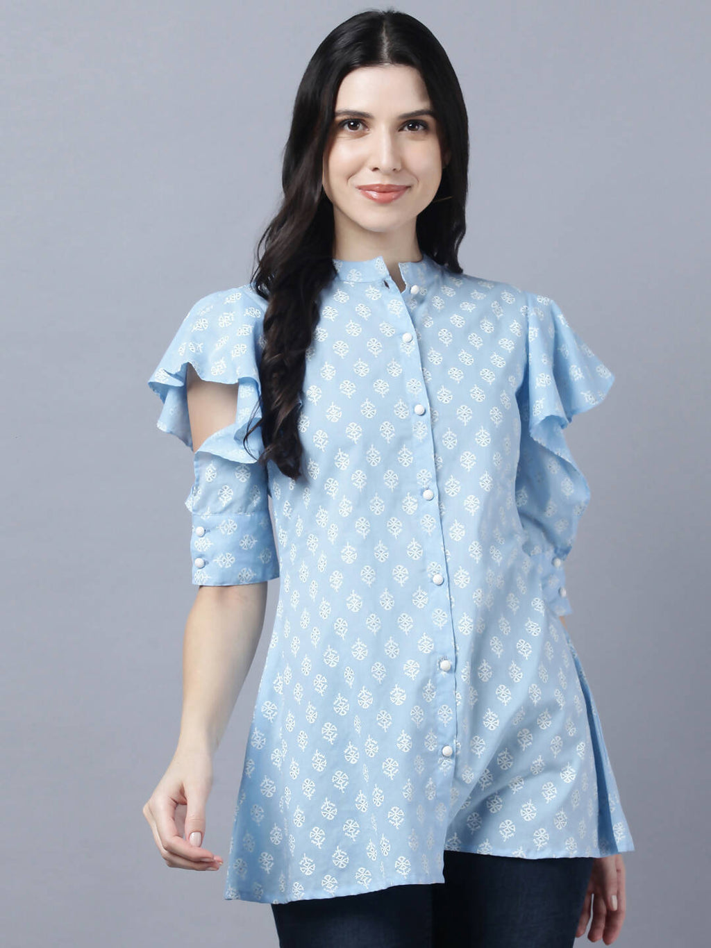 Myshka Stylish Blue Cotton Half Sleeve Women's Top - Distacart