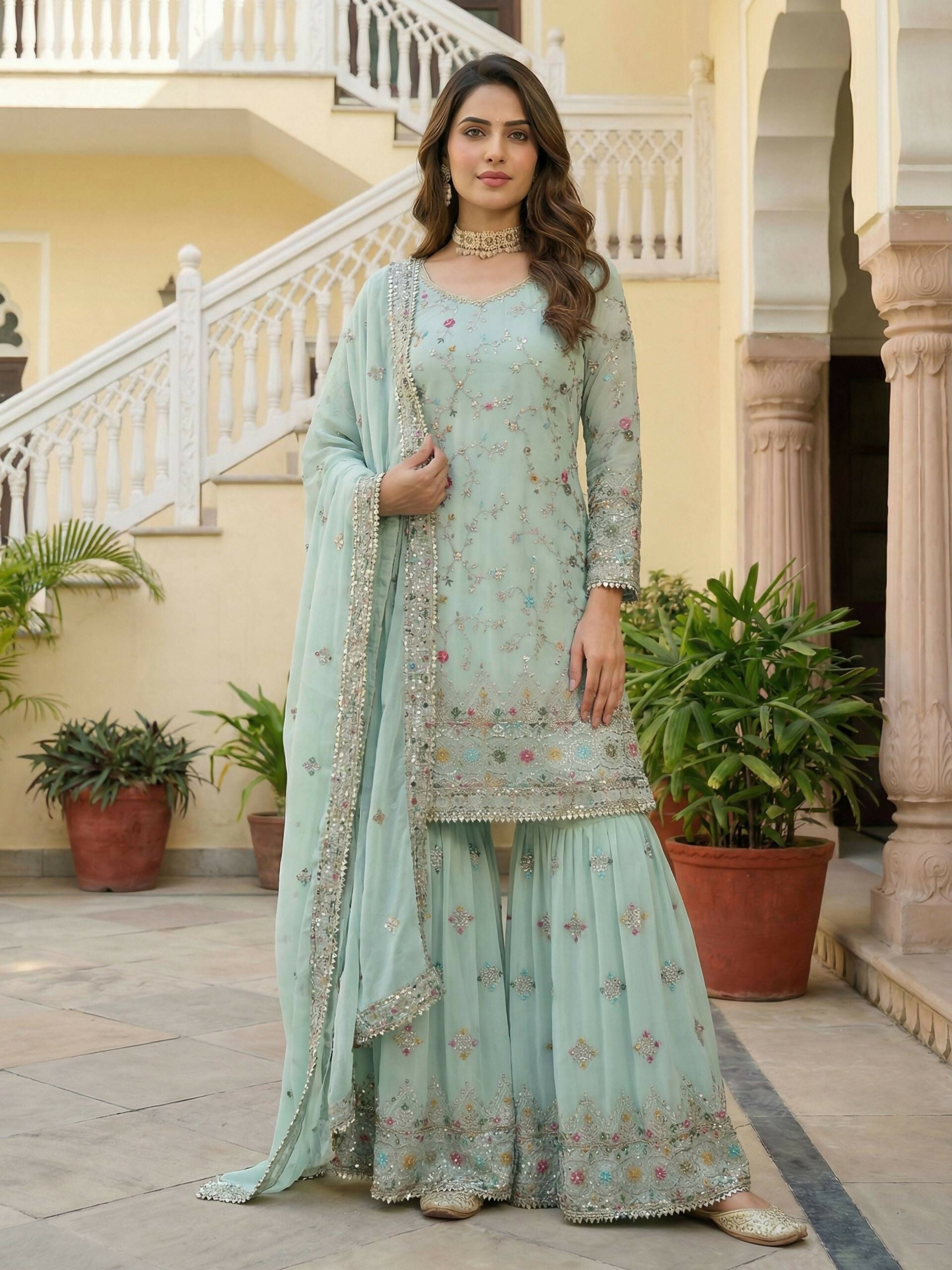 Joban Fashion Sky Georgette Embroidered Sharara Set - Distacart