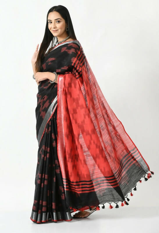 Mominos Fashion Moeza Black & Red Bhagalpuri Handloom Ikat Pure Cotton Saree with unstitched Blouse piece - Distacart