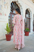 Vaasva Women Peach Muslin Embroidered Kurta, Pant & Dupatta Set