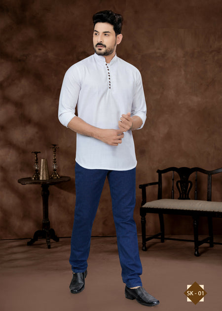 Joban Fashion Men's Pure Cotton White Plain Short Kurta